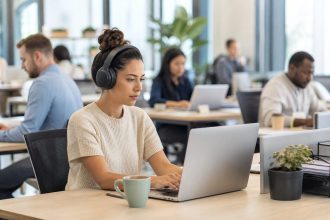 Profesional concentrada con auriculares de cancelación de ruido en una oficina abierta
