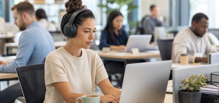 Profesional concentrada con auriculares de cancelación de ruido en una oficina abierta
