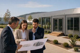 Directivos comparando planos frente a una oficina prefabricada en un parque empresarial portugués